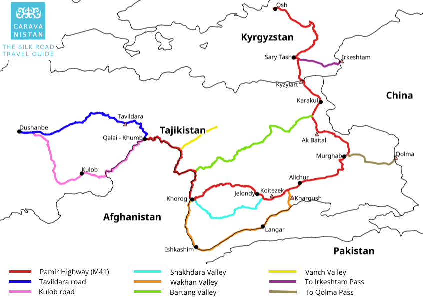 Cravanistan's map of the various Pamir crossings around the original Highway